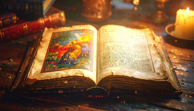 Vibrant illuminated manuscript art displayed within an open ancient parchment codex book