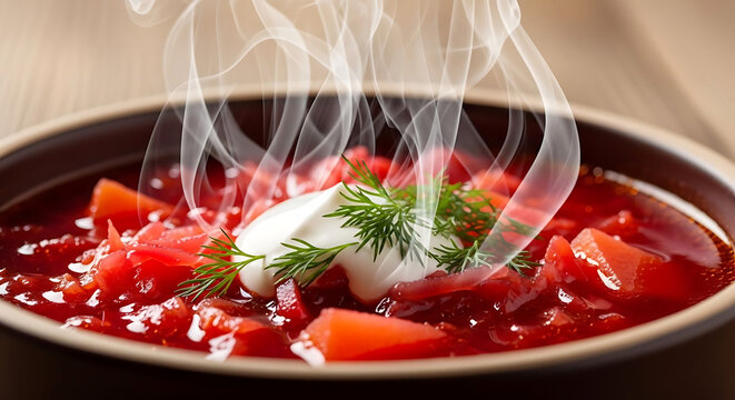 Borscht soup with sour cream and fresh dill steams in a rustic ceramic bowl on a wooden table.