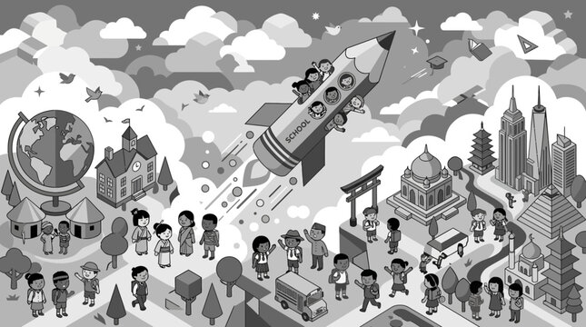 Children on pencil rocket flying over world landmarks, education concept.