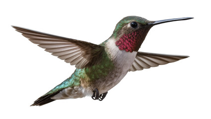 Naklejka premium Hummingbird with iridescent green feathers and red throat in flight