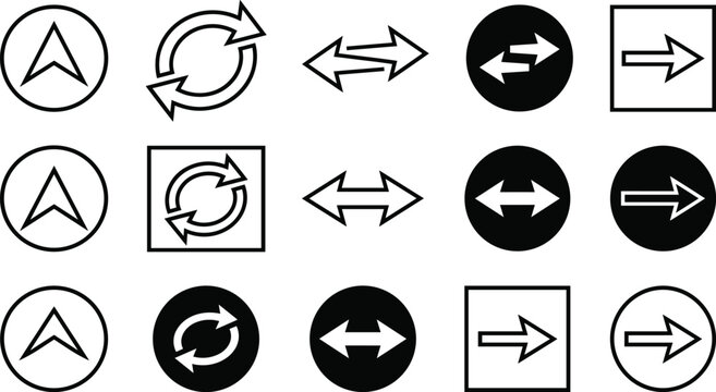 Minimalist black and white arrow icon set for website navigation user interface and graphic design