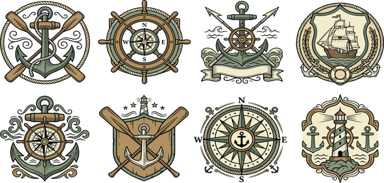 Vintage Nautical Maritime Emblem Vector Set with Detailed Anchor Compass Lighthouse and Ship Illustrations for Sailor Tattoos and Marine Logo Designs