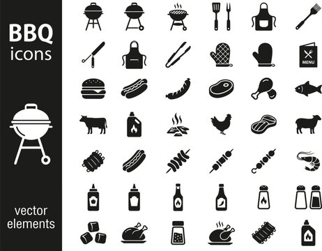 Bbq icon set grill meat utensils and condiments vector graphics