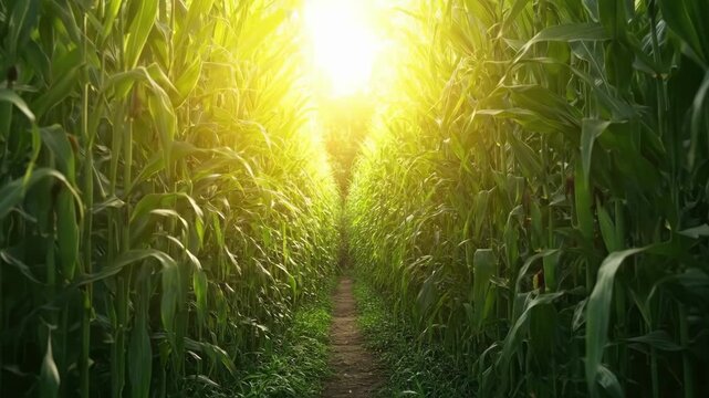 Sunlit pathway in lush green cornfield under bright summer sky