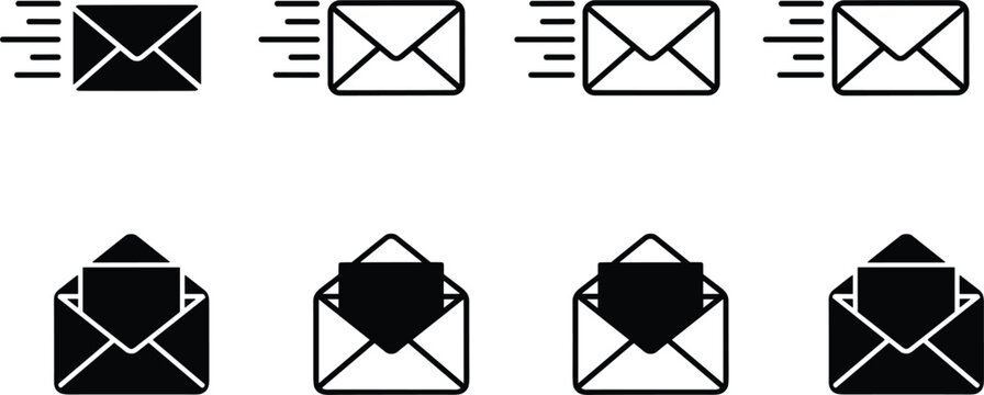 Fast mail envelope and open letter icon set with newsletter delivery speed silhouette outline communication post message vector