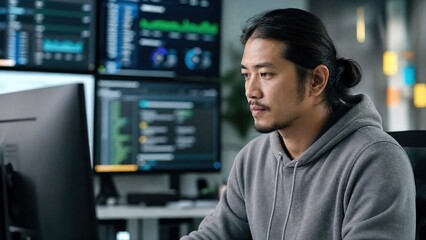 Fototapeta premium Generative AI, Asian male developer with long hair focused on multiple coding and data monitors