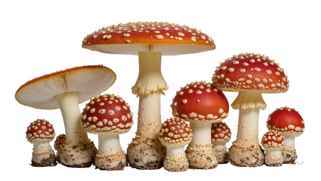 Group of red and white spotted Amanita muscaria mushrooms