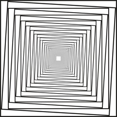 Fototapeta premium Hypnotic square spiral tunnel vector, geometric optical illusion background, black and white concentric line art, psychedelic vortex pattern