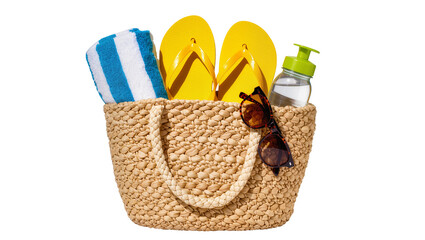 Woven straw beach bag with yellow flip-flops towel sunglasses, and water bottle