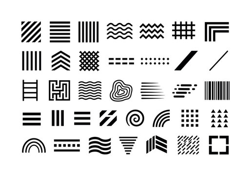 Black Lines Pattern. Solid glyph icon set of black line pattern elements: diagonal stripe, horizontal stripe, vertical stripe, wave line, zigzag, grid segment, corner bar, parallel bars, chevron