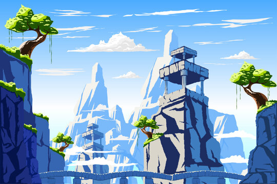 ​Fantasy mountain landscape background with ancient stone watchtowers and bridges
