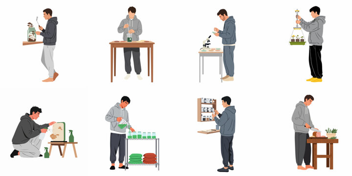 Set of illustrations depicting a man performing various steps of home mushroom cultivation, from lab work and growing to harvesting and cooking.