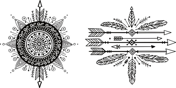 Detailed ornate mandala and bundle of arrows with feathers design, feathers