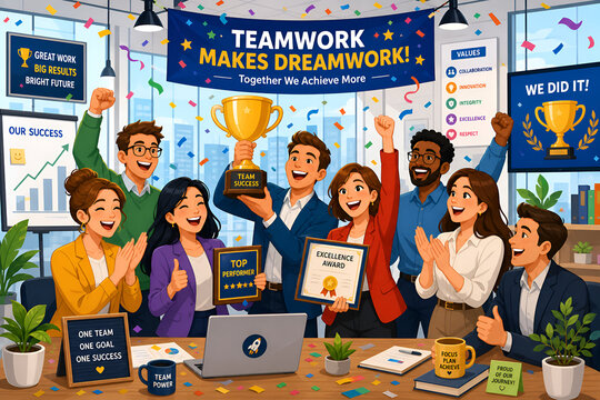 Teamwork Makes Dreamwork: A vibrant office scene depicting a diverse team celebrating a major success, holding a golden trophy aloft amidst falling confetti.