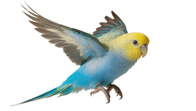 Blue and yellow budgie bird with wings spread