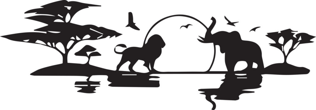 African safari scene with lion and elephant silhouettes near water hole surrounded by acacia trees and birds under sunset sun circle backdrop.