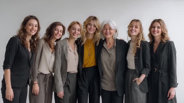 Female diversity. Human rights, equal opportunity concept. A portrait of five women, each with a distinct style and personality, standing together against a plain white background.