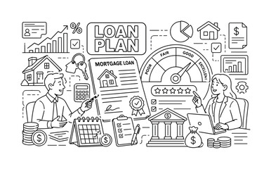 Obraz premium Loan Credit Mortgage. Clean outline line art banner of loan credit mortgage: two financial advisors reviewing an oversized mortgage contract and a giant credit rating gauge spread across the full