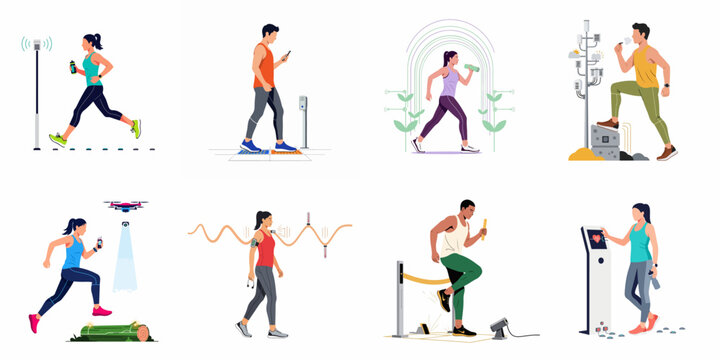 Collection of flat vector illustrations showing athletes and fitness enthusiasts using advanced smart technology, sensors, and gadgets for training and performance monitoring.