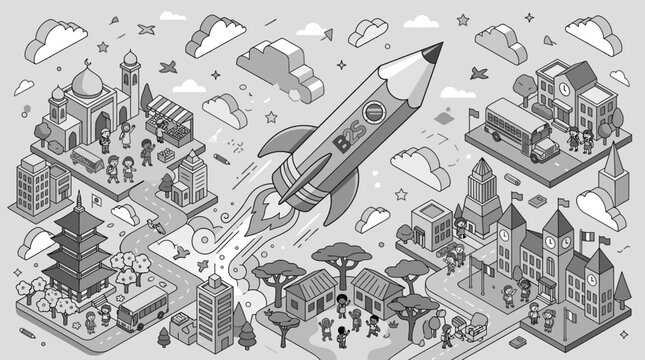 Pencil rocket launching over diverse isometric cityscape, symbolizing education and innovation