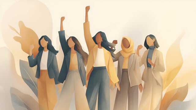 Female diversity. Human rights, equal opportunity concept. A vibrant illustration depicts five women in a dynamic pose, raising their arms in celebration. The style is modern and minimalistic.