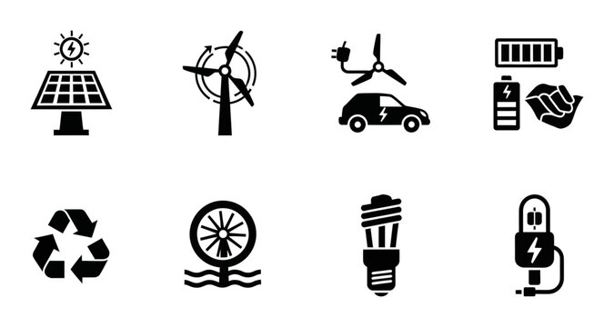 Eco-friendly Energy Icons Set: Solar Panel, Wind Turbine, Electric Car, Battery, Recycling, Hydro Power, LED Bulb, Charging Station - Clean Technology Vector Graphics