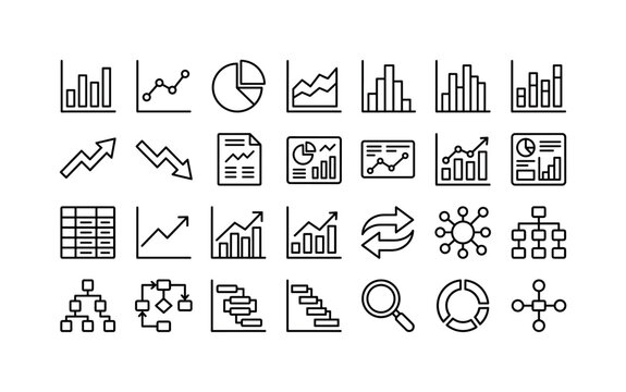 Analytics Chart Pack. Line icon set of chart: bar chart, line graph, pie chart, area chart, histogram, column chart, growth arrow, decrease arrow, finance report, statistic dashboard, economy chart,