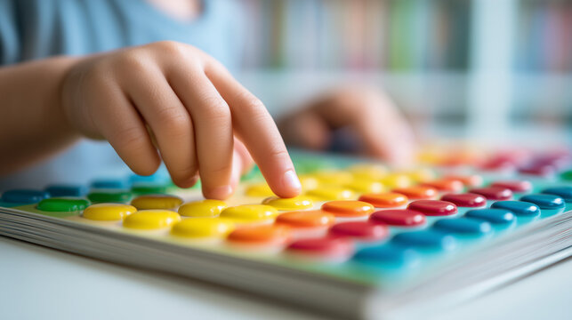 Close-up of a child exploring a colorful tactile sensory board with raised buttons. Educational activity supporting fine motor skills, sensory development, early learning, cognitive growth.
