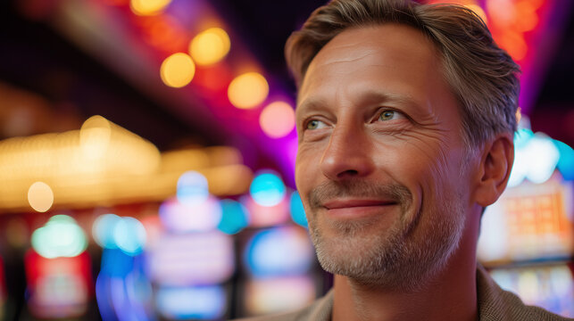 Portrait of smiling mature man against vibrant urban night lights. Confidence, positivity, success, lifestyle and active middle-aged adulthood concept.