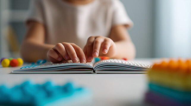 Close-up of a child reading a tactile braille book with fingertips. Inclusive education, literacy development, accessibility, sensory learning, and support for visually impaired children.