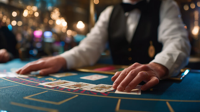 Professional casino dealer managing cards at a gaming table. Gambling entertainment, casino operations, card game strategy, hospitality and gaming industry concept.