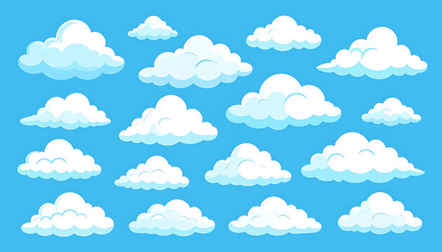 Set of pixel art clouds in various shapes and sizes against a clear blue sky, vector illustration