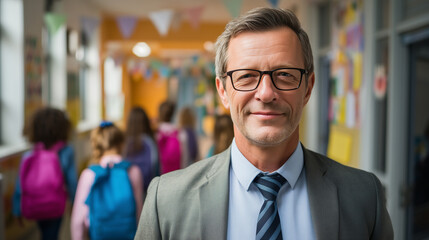 Fototapeta premium Confident school principal or teacher standing in a school hallway with students in the background. Education leadership, academic success, mentoring, and learning environment concept.