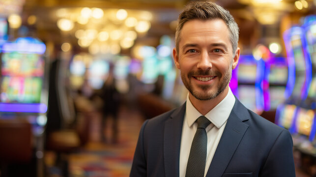 Confident businessman standing in a casino with gaming machines blurred in the background. Success, entertainment industry, hospitality, and luxury lifestyle concept.