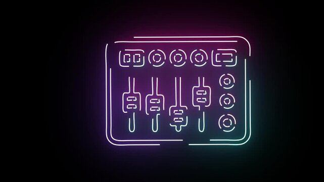 Neon glowing audio mixer controller animation featuring a professional music console interface with vibrant blue and purple light outlines on a deep black background for music production and DJ visual