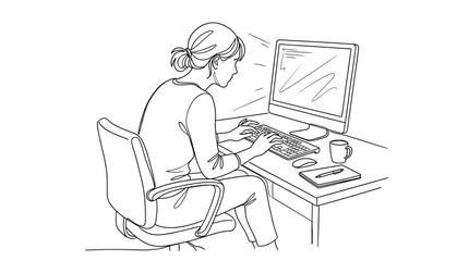 Fototapeta premium Woman working on computer, office workspace, line art illustration