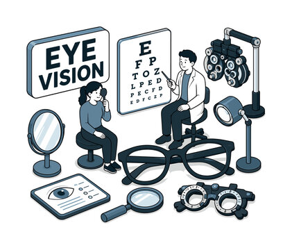 Eye Vision Series banner showing two optometry visitors around an oversized eye exam board and giant glasses frame, magnifier, vision chart shape, focus light, mirror, and observation card filling all
