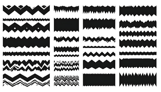 Set of rough textured black horizontal lines and zigzag patterns, imperfect edges, artistic borders, graphic elements
