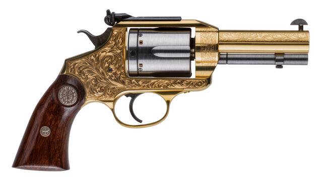 Engraved gold revolver with wooden grip