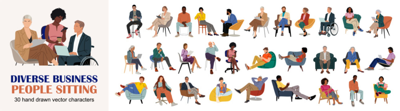 Diverse professionals sit in calm, engaged poses. Some converse, others relax, all in business settings. Colorful attire adds vibrancy to the scene