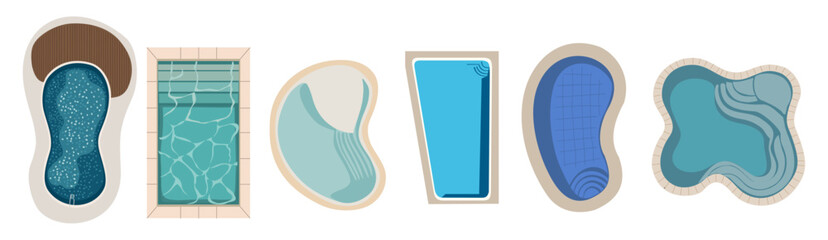 Set of stylized pool designs shown side by side. Each pool has unique shape and water color. Simple outlines suggest different pool styles. Ideal for design projects or vacation themes © Creative_Juice_Art
