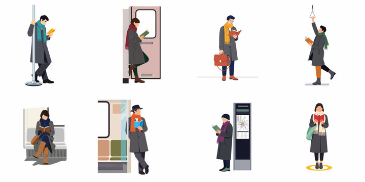 Flat illustration set of diverse people reading books while commuting on the subway or waiting at a train station during winter.