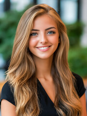 Obraz premium Professional Portrait of a Confident Young Businesswoman with a Radiant Smile and Long Blonde Hair in a Modern Office