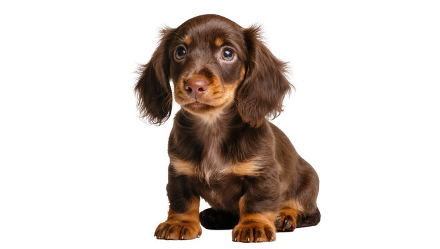 Long-haired chocolate dachshund puppy sitting
