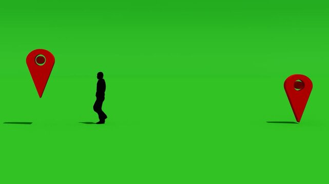 Map pin location markers with a man silhouette walking between points on a green screen background