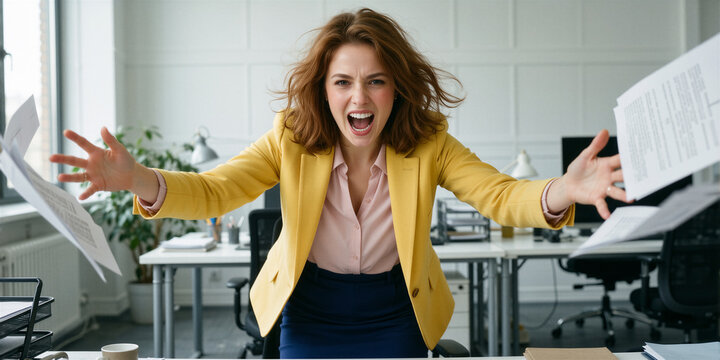 Fierce young woman screams across her desk in a bright modern office.