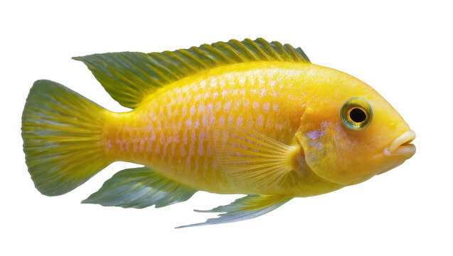 Yellow cichlid fish with blue-green fins