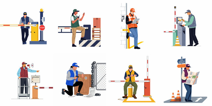 Collection of logistics and security personnel illustrations depicting various checkpoint duties such as scanning, monitoring access gates, and managing warehouse shipments.