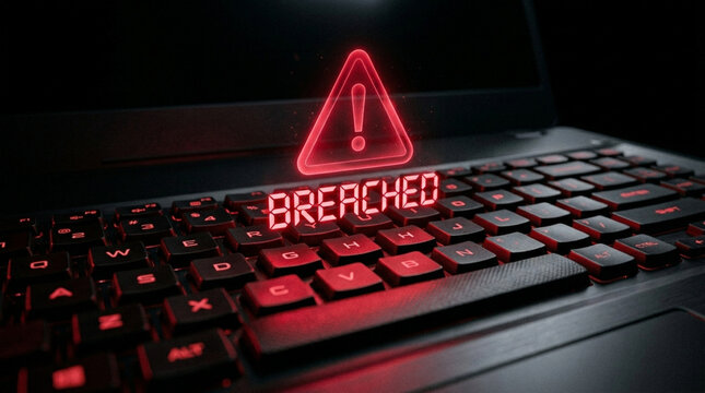 Cyber security data breach concept featuring a glowing red hologram warning icon and BREACHED text floating over a dark laptop keyboard with red backlit keys in low light.