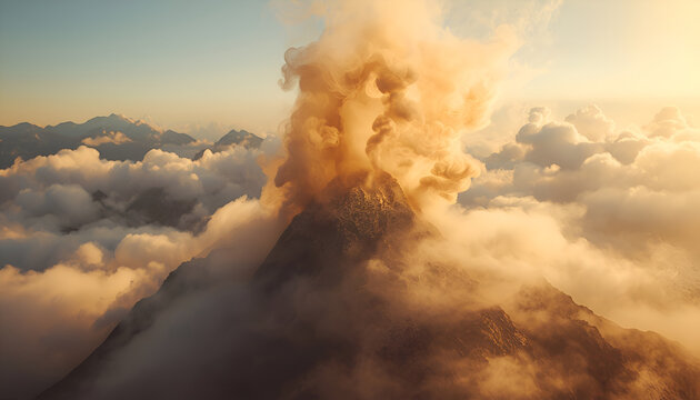 Active volcano eruption with massive smoke and ash clouds above mountain peaks